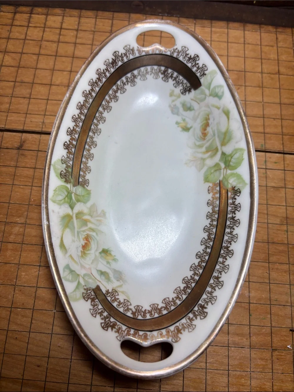 Vintage Ceramic Serving Platter 2 Dishes 4 Cup Set Roses Cream, Green, Gold Trim